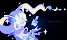 a drawing of a girl with a bottle of eau de parfum in front of her