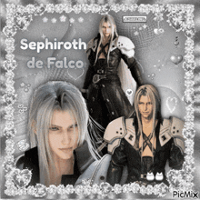 a picture of a man with long white hair and the name sephiroth de falco on it