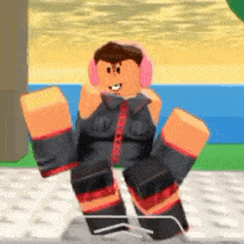 a roblox character wearing headphones and a black shirt is sitting on the ground .