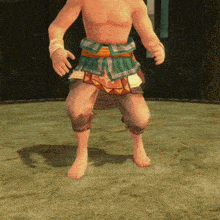 a man in a video game without a shirt is barefoot