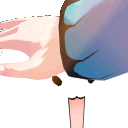 a close up of a person 's hand with a purple shirt on and a pink tongue sticking out .