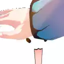 a close up of a person 's hand with a purple shirt on and a pink tongue sticking out .