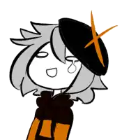 a black and white drawing of a person wearing a black hat with an orange x on it