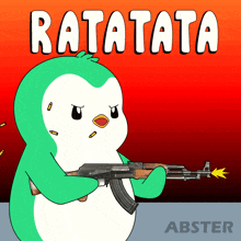 a cartoon of a penguin holding a gun with ratatata written on the bottom