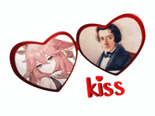 two hearts with a picture of a man and a woman and the word kiss
