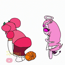 a drawing of a pink cartoon character holding a basketball next to another cartoon character