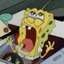 spongebob squarepants is screaming while sitting in a car with his mouth open .
