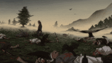 a man with a sword stands in the middle of a field with dead people