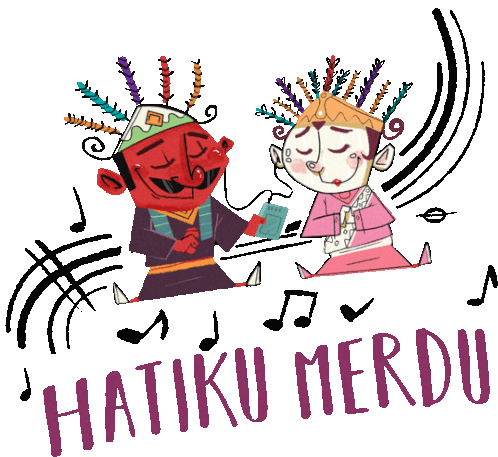 Couple Listens To Music With Caption "My Heart'S Fluttering" In Indonesian Sticker - Ondel Ondel In Love Hatiku Merdu Romantic Stickers