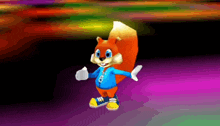 a cartoon squirrel wearing a blue jacket and yellow shoes is standing on a purple surface .