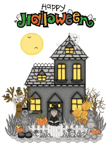 happy halloween haunted house moon bats