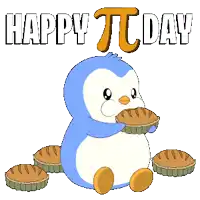 a penguin is eating a pie and the words happy pi day are above it