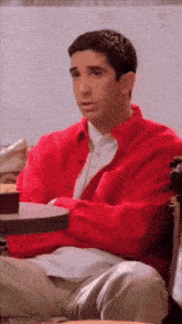 a man in a red sweater sits at a table