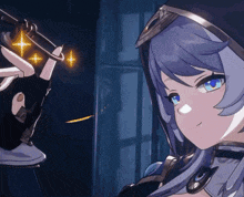 a girl with blue hair is holding a chain with two stars on it