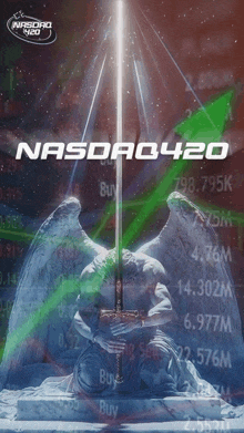 a statue of an angel holding a sword with nasdaq420 written on the bottom