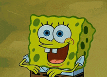 a cartoon character named spongebob is smiling and covering his eyes with his hands
