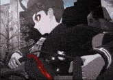 a black and white anime character with red eyes and a red tie is sitting in front of a wall that says wal