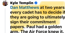 a tweet from kyle temptin about dan matthews at two years every cadet has to decide if they are going to ultimately