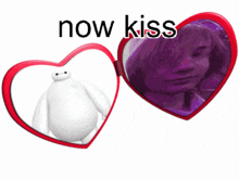 a heart shaped mirror with a picture of a woman and the words now kiss above it