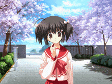 a girl in a red and white uniform stands in front of cherry blossoms