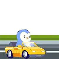 a cartoon penguin is driving a yellow car with a welcome to station sign behind it