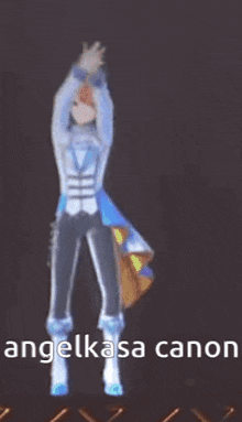 a cartoon character is standing on a stage with his arms in the air and a caption that says angelkasa canon .
