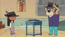 a cartoon drawing of a girl and a man standing next to a record player