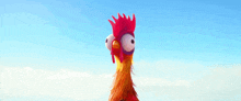 a cartoon rooster with big eyes and a red crest is standing in the sky .
