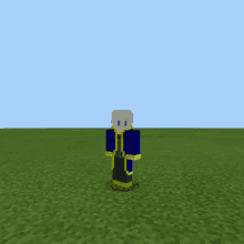 a minecraft character is standing in a field with a blue sky in the background