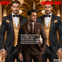 a picture of three men in tuxedos with a good night message