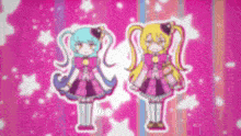 two anime characters are standing next to each other on a pink background with stars .