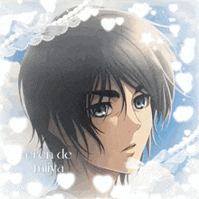 a drawing of eren de miiya with hearts around his head