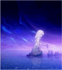 a girl in a white dress is kneeling in a body of water