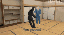 a cartoon of a man saying " you 're pretty good " to another man