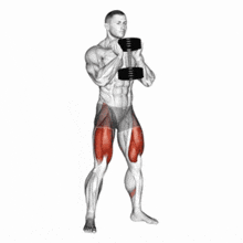 a man is squatting with dumbbells in his hands .