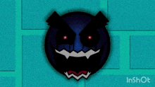 a cartoon drawing of a smiley face with red eyes and teeth