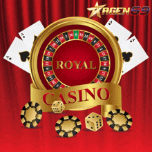 a poster for a casino with a roulette wheel dice and chips