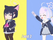 a girl with a cat ear is standing next to another girl with a pink hair