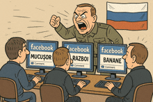 a cartoon of a man yelling at a group of people using facebook