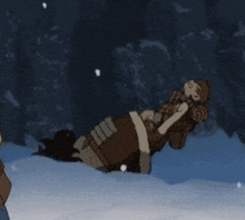 a cartoon character is laying on the ground in the snow .