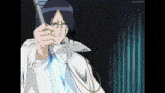 a man in a white coat is holding a sword