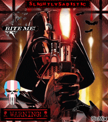 a picture of darth vader holding a gun with the words " bite me " on it