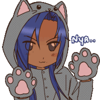 a drawing of a girl wearing a cat hoodie with the word nya written below her