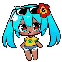 a cartoon drawing of a girl with blue hair wearing a yellow shirt with the brazilian flag on it