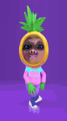 a cartoon character wearing a pineapple head and a pink hoodie with the letter m on it