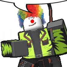 a clown with a speech bubble is holding a gun and a sword .