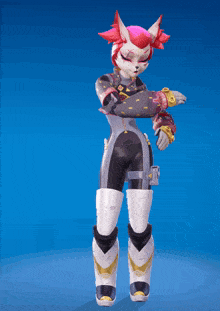 a cartoon character with pink hair and white pants