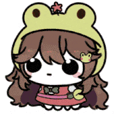 a cartoon girl wearing a frog hat with a flower on top