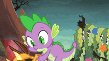 a cartoon of a purple dragon with green leaves on its head