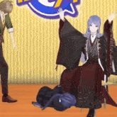 a group of anime characters are standing on a stage in front of a sign that says 7 .